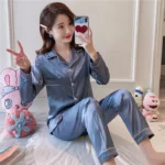 Spring Autumn Silk Pajamas Set for Women Casual Soft Nightwear Tops and Pants Solid Buttons Cardigan Sleepwear Homewear - Image 7