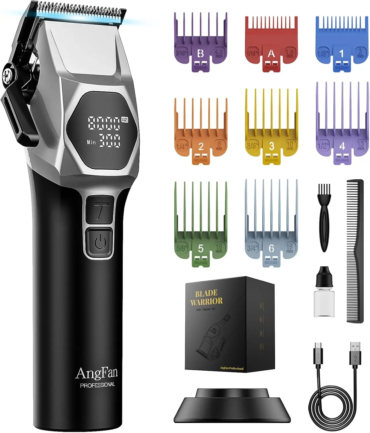 S387dcc5f782142fd82843ea2ae2a2fc7h.webp Professional Cordless Hair Clippers for Men - 8000RPM Motor, 5 Speeds, 440C Blades, Kit with Charging Dock & Guards - Image 1