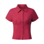 Women Summer Kawaii Solid Shirring Button Up Turn Down Collar Short Sleeve