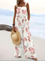Plus Size  Europe and America  Women's Cross border Summer New Product Square Neck Flower Print Sling jumpsuit - Image 2