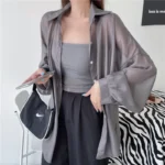 Semi Sheer Long Sleeve Shirt for Women Shimmer Button Down Collared Plain Lightweight