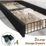 King Size Bed with 2-Tier Storage, Upholstered, 3 USB & Type-C Ports, Solid Slats, No Box Spring, Noise-Free, Black