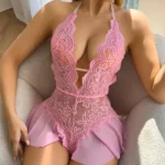 New Hot One Piece Halter Underwear Women Sleeveless Hollow Out Lace Patchwork Transparent Sleepwear Babydoll Sexy Lingеrie Set - Image 11