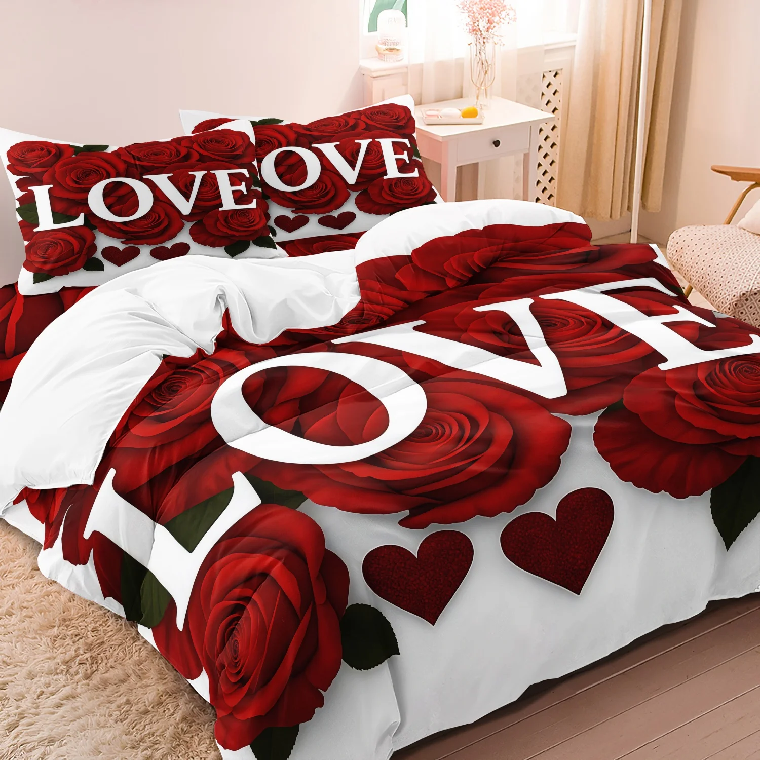 S3b14809b552d469c90c146488d83b3e4u-1.webp 3Pcs Romantic Love Letter Red Rose Flower Pattern Bedding Set Included 1 Duvet Cover & 2 Pillowcases For Home Dorm Hotel Decor - Image 1