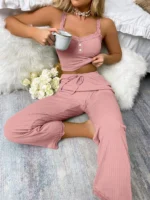 New Women’s two-piece pajama set with solid color lace edging sexy slim fit suspender and pants soft and comfortable pajamas set