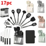 17Pcs Silicone Kitchen Utensils Set with Knife Block Stainless Steel Kitchen Knives Set Non-Stick Cooking Tools Scissors Peeler