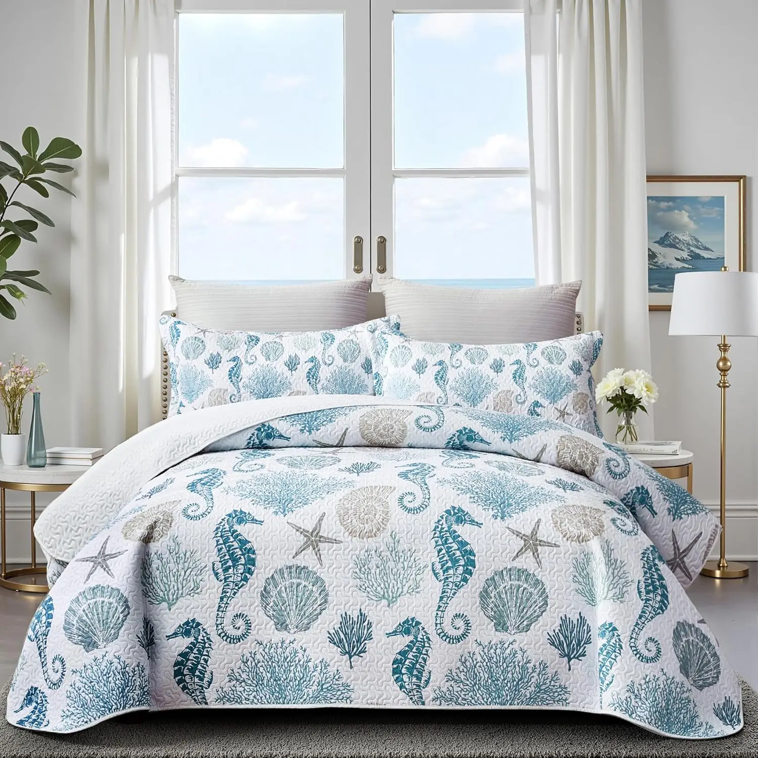 S3c157fae82d942158a8565870d14dd89d.webp California King Coastal Quilt Set with Seahorse Design, Blue Nautical Bedding for Summer, 106”x118”