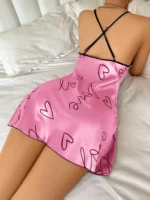 Heart Letter Print Nightdress Casual Round Neck Spaghetti Strap Sleep Dress Women’s Sleepwear Dresses