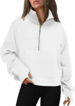 New Women's Spring Autumn Winter Stand Collar Plus Fleece Solid Color Hoodie Long Sleeve Pocket Loose Half Zip Pullover Hoodie - Image 9
