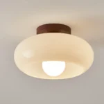 3 Color Dimmable Ceiling Light with Cream Glass Shade, Vintage LED Ceiling Lamp with Wood Base for Bedroom Hallway Dining Living