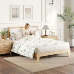 Full Size Upholstered Headboard Platform Bed with Wooden Slats, No Box Spring Needed, Easy Assembly, Natural Finish