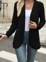 New fashion women’s solid color casual pit stripe brushed cardigan jacket
