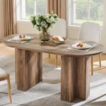 63 Rustic Oak Oval Dining Table with T-Shaped Base for 4-6 People, Sturdy and Thick Tabletop