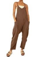 women's pure color patch bag zipper jumpsuit suspenders jumpsuit - Image 8