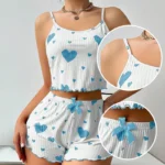 Women’s Pajamas Set Sleepwear 2 PCS Short Tank Tops And Shorts S M L White Ventilate Soft Casual Love Printing