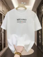 Men’s 100% pure cotton fashionable casual loose Italian style Milan letter printed round neck short sleeved T-shirt top