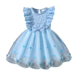 Dress For Girls Yellow O-Neck Fly-Sleeve Tulle Bowknot 8-12 Years Summer Elegant Sweet Style Princess Dress kids Clothing