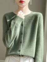 Women 100% Merino Wool Cardigan Soft O-Neck Cashmere Sweater OL Buttoned Knitwear Casual Top Clothing - Image 8