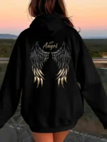 Women’s Casual Hoodie with Angel Wings Graphic Drawstring Detail Kangaroo Pocket Perfect for Fall  Winter Playful Design Trendy