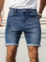 Men’s summer denim shorts, with a blue retro texture. The style is simple, casual, and street-style.