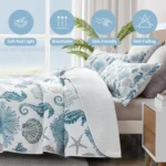 California King Coastal Quilt Set with Seahorse Design, Blue Nautical Bedding for Summer, 106”x118”