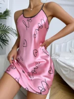 Heart Letter Print Nightdress Casual Round Neck Spaghetti Strap Sleep Dress Women’s Sleepwear Dresses