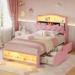 Twin Size Girl's Pink Storage Bed with LED Lights, Charging Port, No Box Spring, Easy Assembly