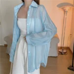 Semi Sheer Long Sleeve Shirt for Women Shimmer Button Down Collared Plain Lightweight