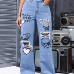 Women's High Waist Button Up Butterfly Print Jeans Fashion Casual Straight Pants for Women