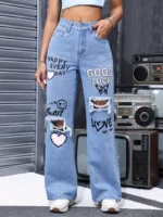 Women's High Waist Button Up Butterfly Print Jeans Fashion Casual Straight Pants for Women