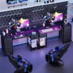 47 Inch Gaming Desk with Power Outlets, LED Lights & 5 Fabric Drawers, Reversible Home Office Desk for Work and Study