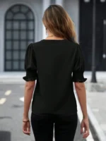 Women Summer Style Blouses Shirts Lady Casual Short Puff Sleeve V-Neck Solid Color Blouse Tops - Image 6