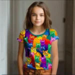 Girl Clothes Summer Cartoon Cat Graphic Children’s Clothing Kids Art Doodling Short Sleeve T Shirt Causal O-Neck Children Top