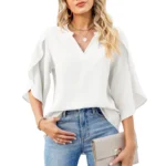 Women Summer Style Chiffon Blouses Shirts Lady Casual Short Flare Sleeve V-Neck