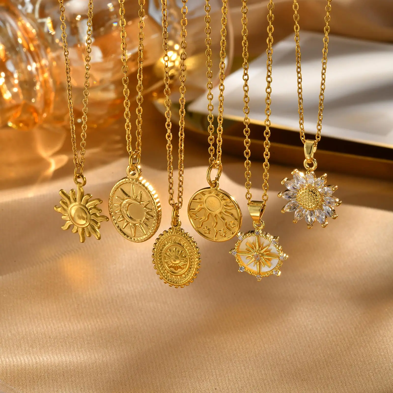 S4aa1ec14d9a64893b7c0cb828a853dd8g.webp Stainless Steel Spiral Sun Flower Pendant Necklace for Women 18K Gold Plated Stackable Boho Necklace Waterproof Fashion Jewelry