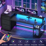 59″ Reversible Office Desk with Drawers, LED Lights & Power Outlet, Gaming & Home Computer Desk in Black