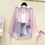 Women Summer Thin Loose Button-Up Sunscreen Shirt Woman