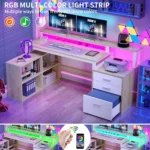 65″ L-Shaped Corner Desk with Drawers, Power Outlets & LED Lights, White Oak Home Office Computer Desk with Storage Shelves
