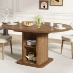 59 Inch Extendable Round Dining Table for 4-6-8 Dining Room Kitchen Table with Storage Fluted Wood Slide Door Customized