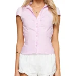Women Summer Kawaii Solid Shirring Button Up Turn Down Collar Short Sleeve
