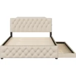Queen Size Upholstered Platform Bed with Twin Size Trundle and 2 Sets of USB Ports on Each Side,Linen Fabric Bed Frame with Butt - Image 4