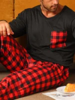 Two piece sets men’s pajamas autumn and winter long sleeved pants checkered sleepwear set