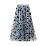 Elegant Floral Women Tulle Skirts High Waist Flocking Pleated Midi Skirts Mesh Summer