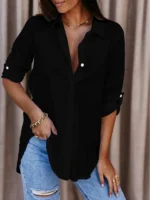 Solid Button Front Shirt  Casual Turn Down Collar Office Work Shirt  Women's Clothing - Image 7