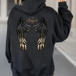 Women's Casual Hoodie with Angel Wings Graphic Drawstring Detail Kangaroo Pocket Perfect for Fall  Winter Playful Design Trendy