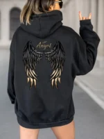 Women’s Casual Hoodie with Angel Wings Graphic Drawstring Detail Kangaroo Pocket Perfect for Fall  Winter Playful Design Trendy