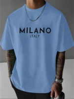 Men’s 100% pure cotton fashionable casual loose Italian style Milan letter printed round neck short sleeved T-shirt top