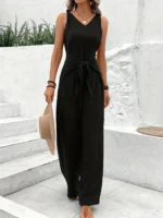 Women Solid Jumpsuit Casual Fashion Sleeveless Rompers Office Lady V Neck Jumpsuits - Image 4