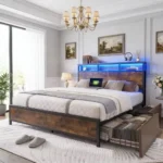 Metal Bed Frame With Storage Headboard & 4 Drawers, Built in Charging Station & LED Light, No Box Spring Needed