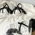 Women’s Cute Bow & Polka Dot Bra Set – No Wire Push Up for Petite Chest, Comfort Lace Underwear Set (2-Piece)